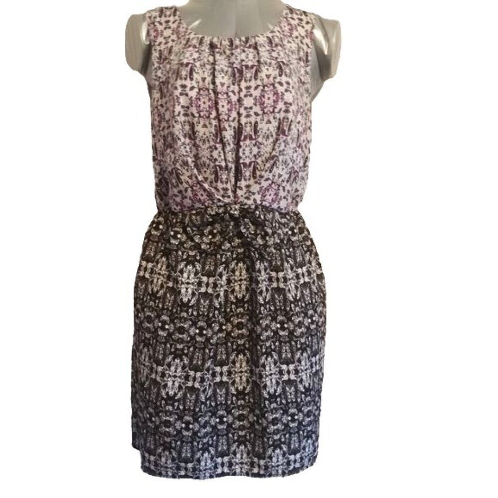 Forever 21 Women's Size SM Sleeveless Dress Black Purple Print Elastic Waist Bow